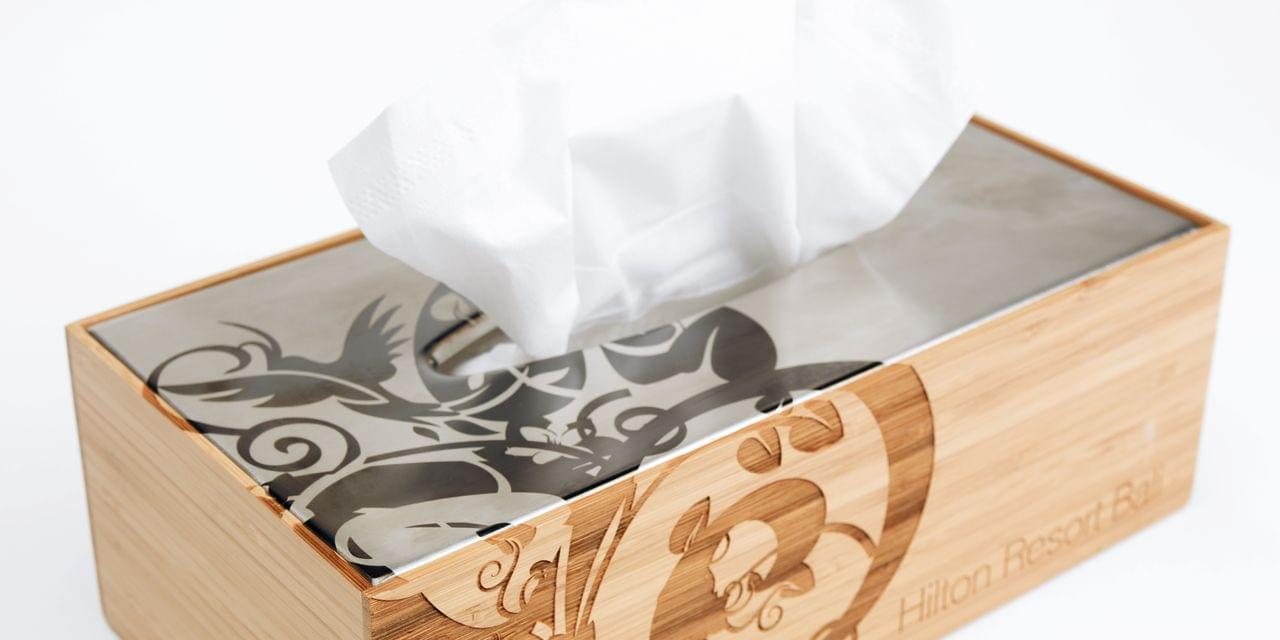 Laser engraving promotional items - tissue box